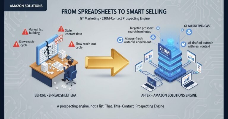 3D isometric case-study infographic comparing the spreadsheet era to the Amazon Solutions 210M-contact prospecting engine for GT Marketing