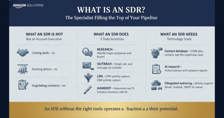 Navy and blue infographic explaining the SDR role split across is-not, does, and needs columns