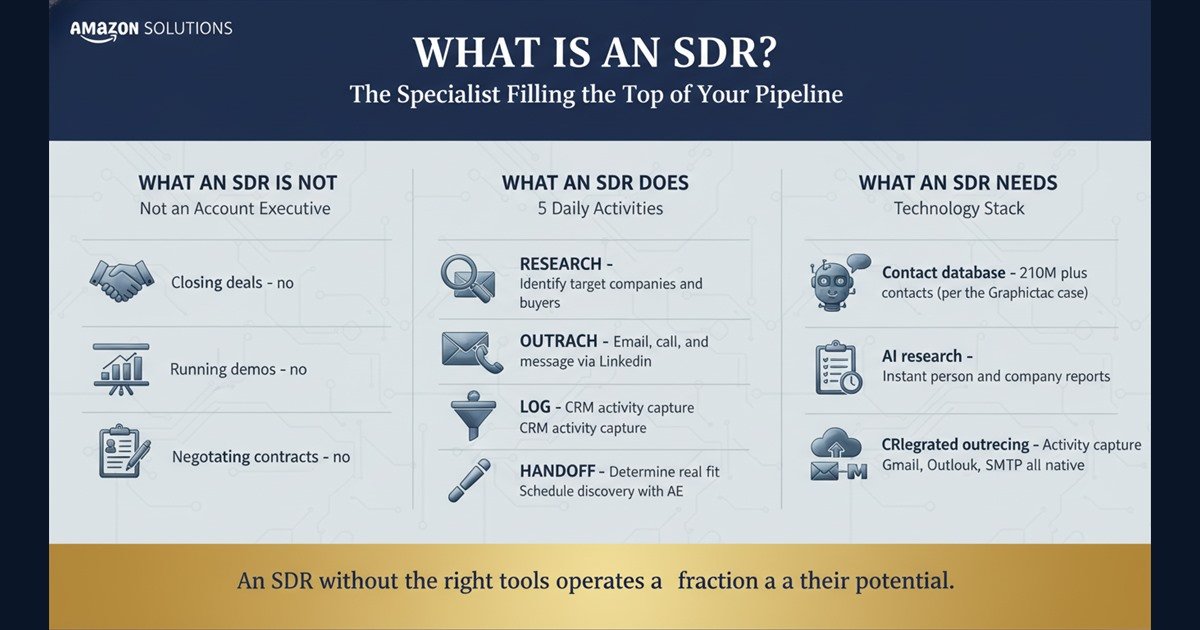 Navy and blue infographic explaining the SDR role split across is-not, does, and needs columns