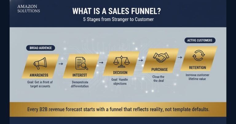 Navy and gold horizontal funnel diagram of 5 B2B sales stages from awareness to retention