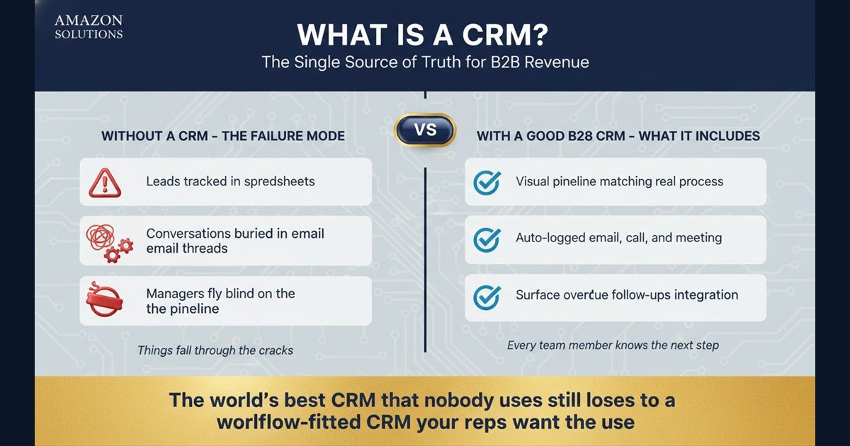 Navy and blue infographic contrasting failure mode without CRM versus a proper B2B CRM stack