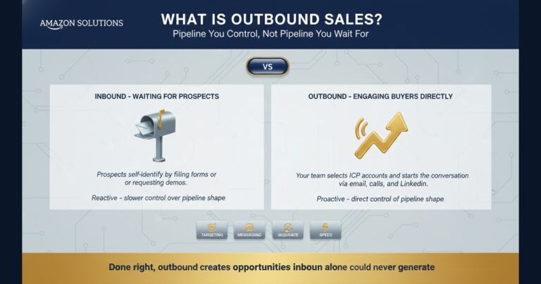 Navy and gold infographic comparing inbound versus outbound sales and the four success factors
