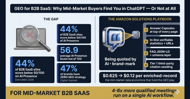 Navy and gold infographic showing 44 percent of B2B SaaS sites score below 50 on AI Presence Score and the Amazon Solutions four-block GEO playbook