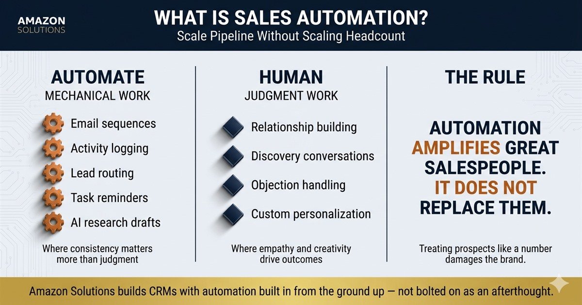 Navy and orange infographic separating mechanical work and judgment work in B2B sales